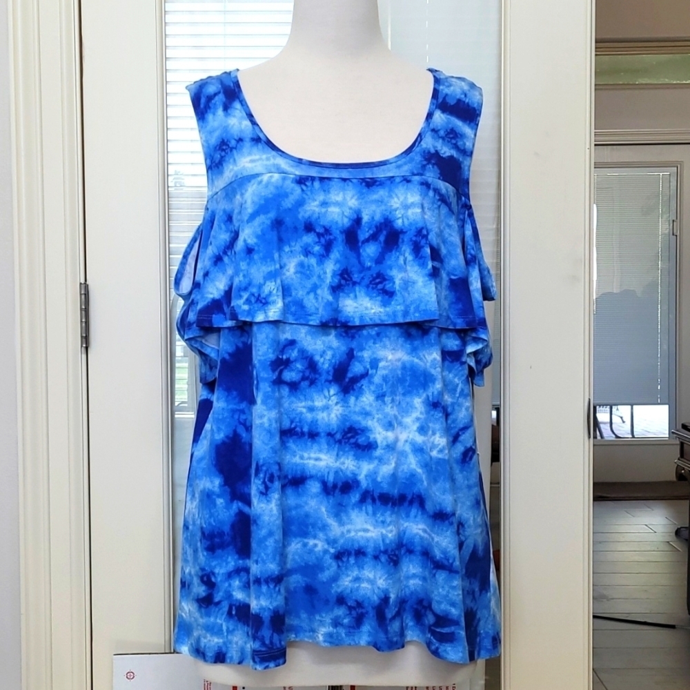 NWT Caribbean Joe Blue Tie Dye Cold Shoulder Top